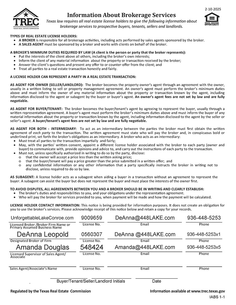 Information about Brokerage Services with Unforgettable Lake Conroe Real Estate